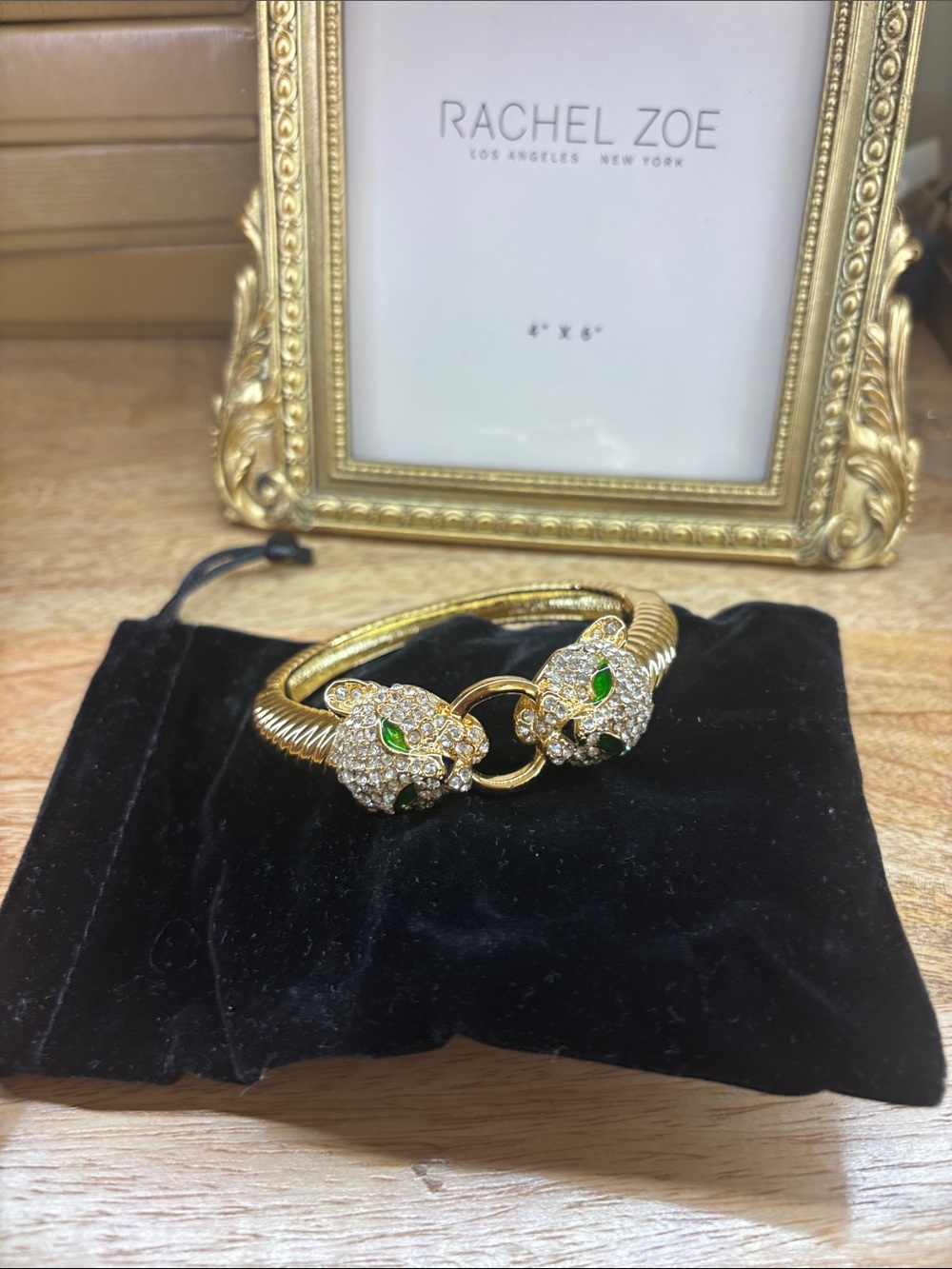 JTV Gold plated Panther Head Bracelet with Green Eyes and Crystal Pavé